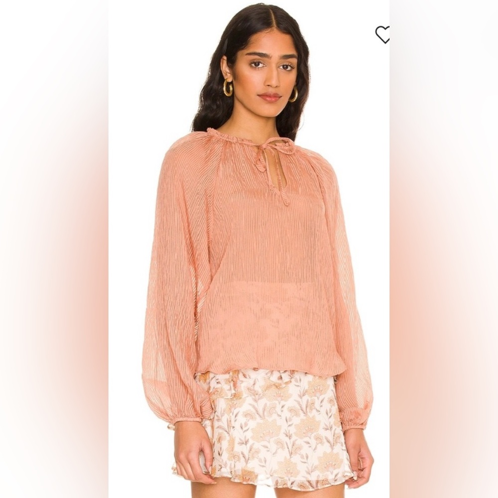MinkPink Sheer Blouse Top Blush Terracotta Stripe Balloon Sleeve Size Large NWT